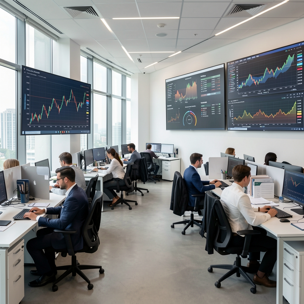 Geniş açık ofiste çalışan portföy analistleri, duvarlarında büyük finansal grafikler ve varlık dağılım şemaları bulunan modern finans merkezi