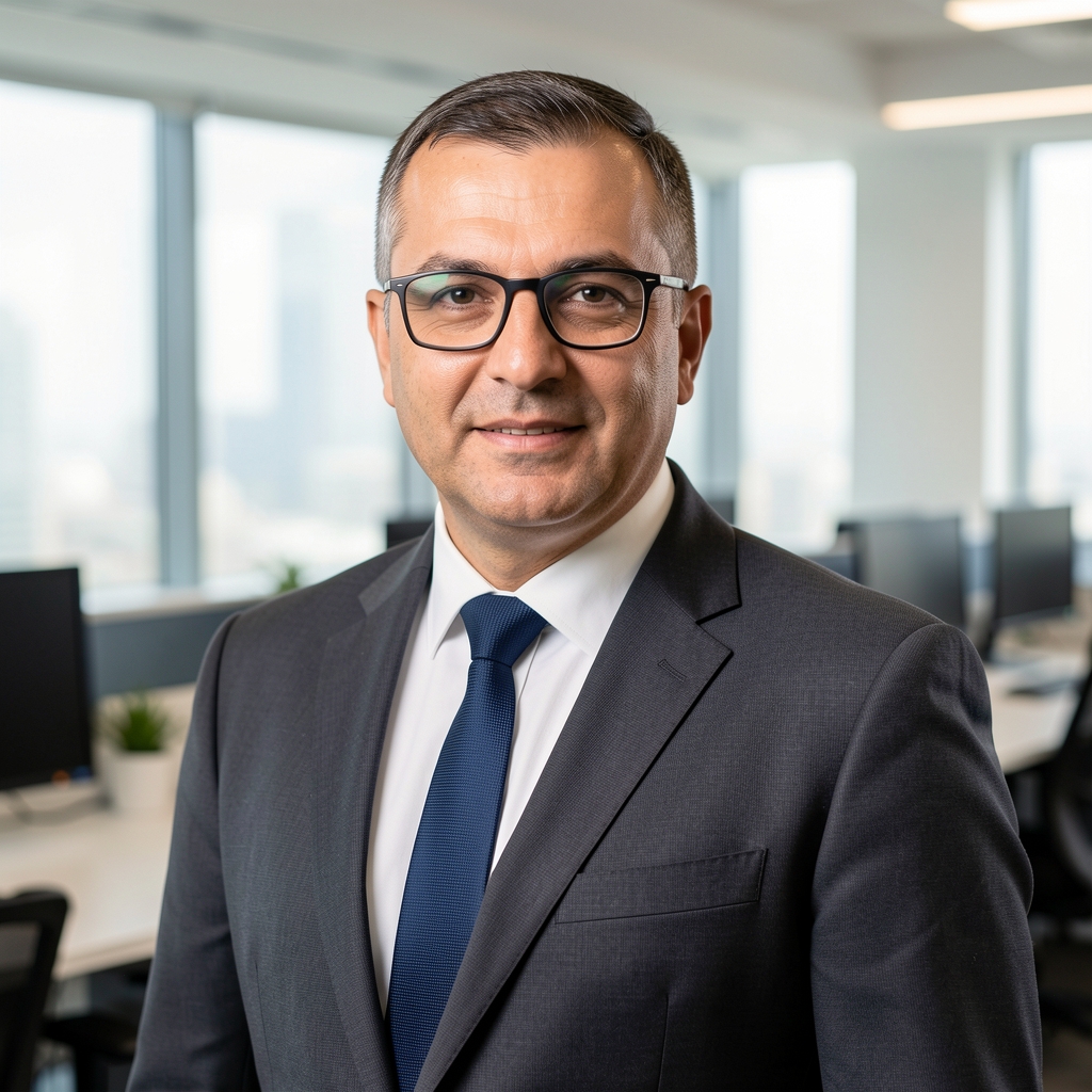 Kısa saçlı ve gözlüklü, takım elbiseli 40 yaşlarında Türk erkek finans uzmanı portresi, ofis ortamı arka plan