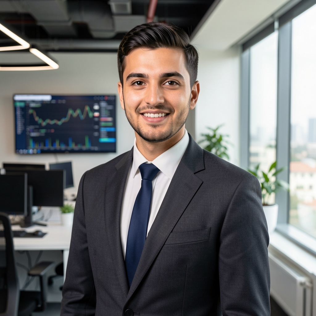 Genç profesyonel görünümlü, CFA sertifikalı Türk erkek analist, modern fintech ofisi arka planı