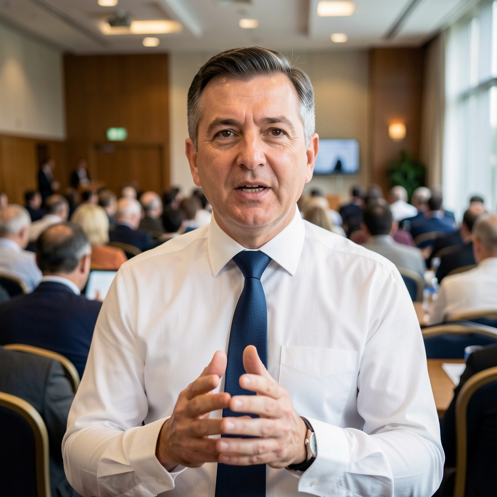 Ellili yaşlarında ciddi ifadeli risk yönetimi uzmanı erkek, beyaz gömlek ve kravat, konferans salonunda konuşurken