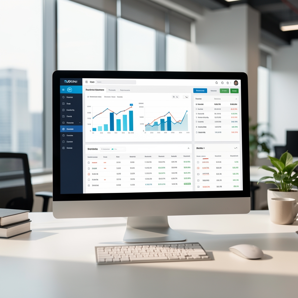 Modern finansal analiz paneli, grafikler ve portföy performans tabloları içeren bilgisayar ekranı, profesyonel ofis ortamı