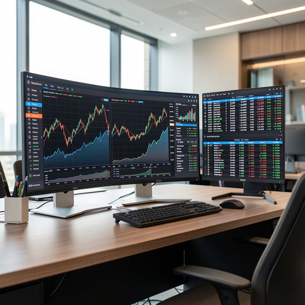 Büyük monitörlerde makroekonomik göstergeler, enflasyon grafikleri ve döviz kur tabloları gösteren modern finansal analiz merkezi