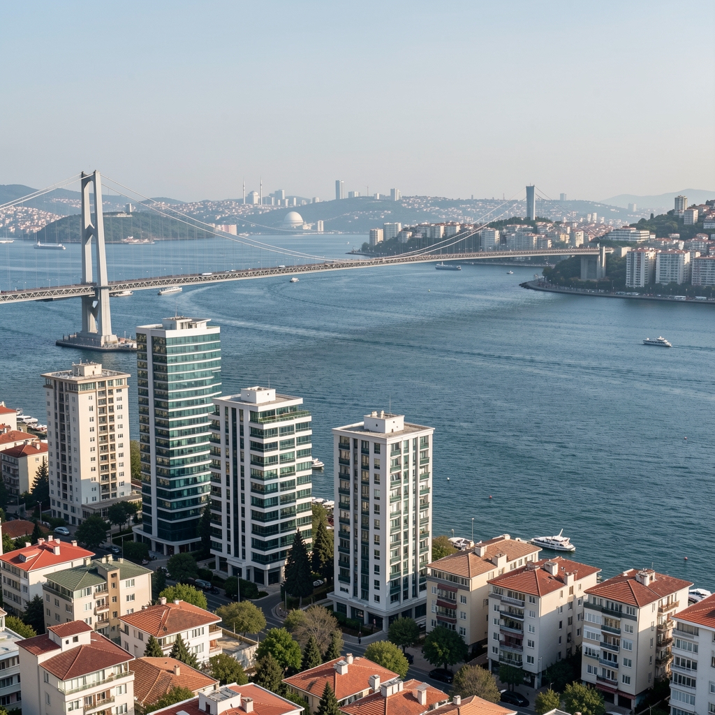 İstanbul Boğazı kıyısında modern yüksek katlı konut ve ofis binaları, şehir silüeti ve köprü manzarası