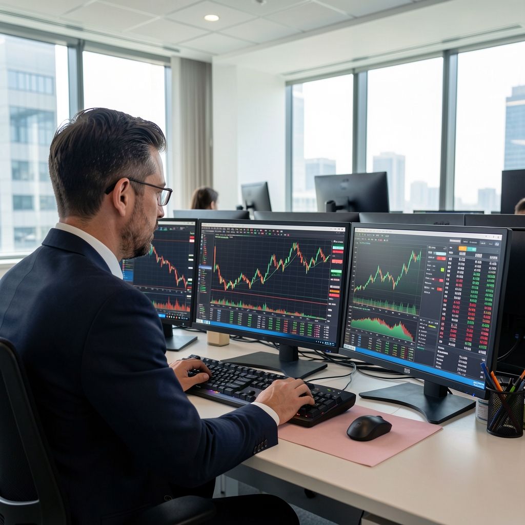 Çok ekranlı borsa terminali önünde çalışan analist, BİST hisse grafiği ve finansal tablo verileri gösteren profesyonel trading odası