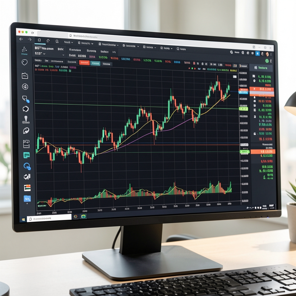 Bilgisayar ekranında BİST hisse senedi grafikleri, teknik analiz indikatörleri ve fiyat hareketleri gösteren borsa analiz ekranı