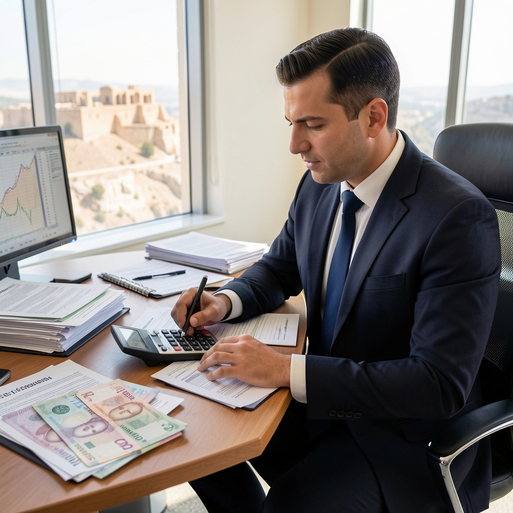 Masada açık vergi beyanname formları, hesap makinesi ve kalemle çalışan finans uzmanı, üzerinde Türk Lirası banknotlar ve finansal tablolar bulunan ofis ortamı